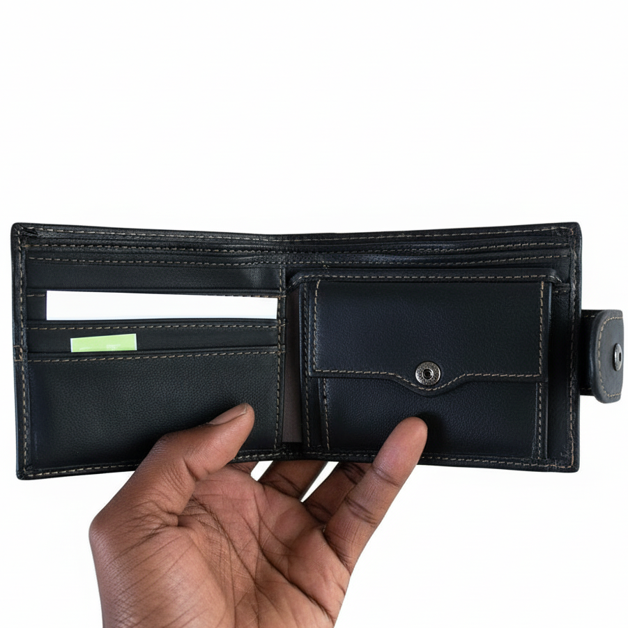 Leather Wallet: BLACK VIVACE MENS Genuine Leather Wallet with Clip and TOPSTICH OPEN VIEW