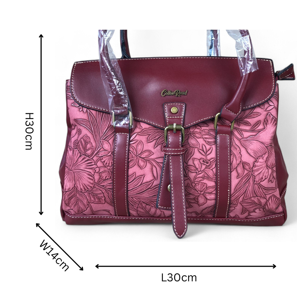 MAROON Cotton Road PU Leather Handbag with EMBOSSED FLORAL Panel