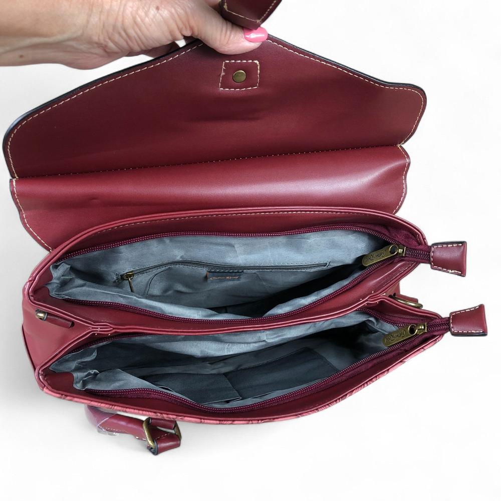 MAROON Cotton Road PU Leather Handbag with EMBOSSED FLORAL Panel