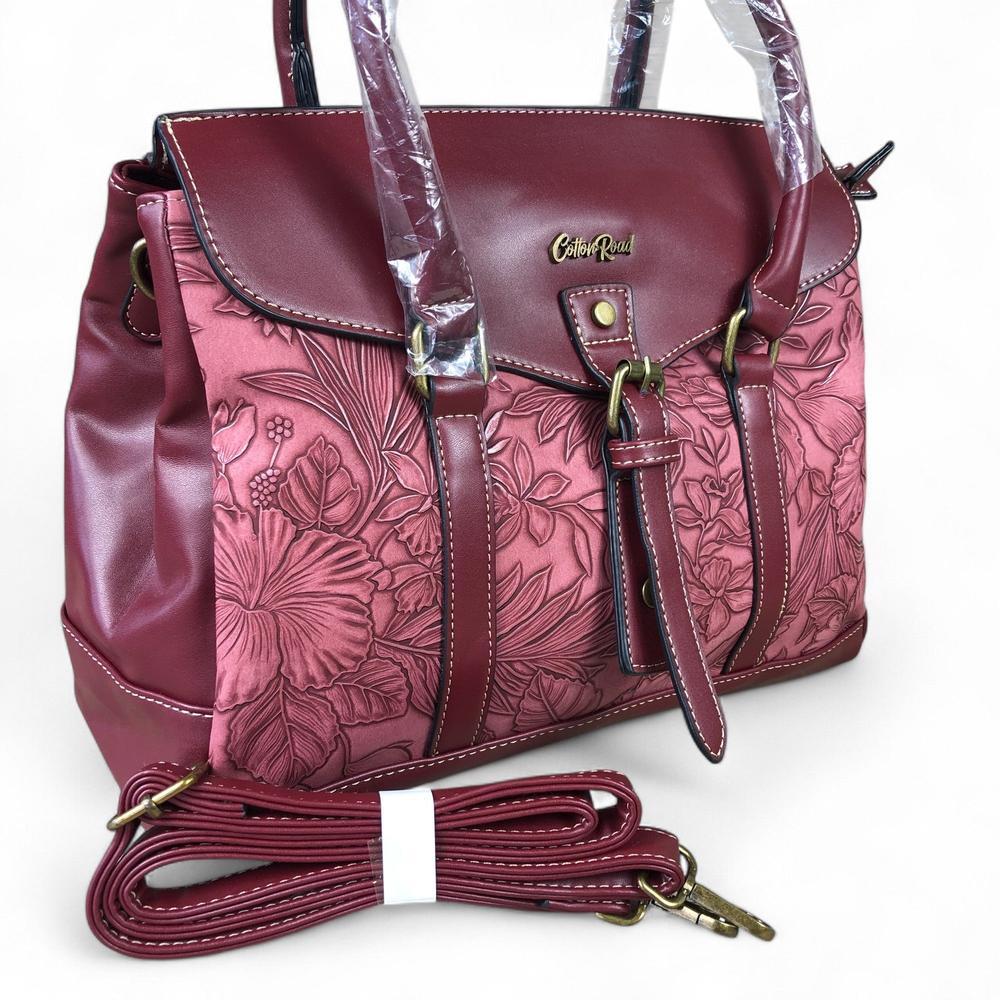 MAROON Cotton Road PU Leather Handbag with EMBOSSED FLORAL Panel