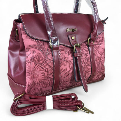 MAROON Cotton Road PU Leather Handbag with EMBOSSED FLORAL Panel
