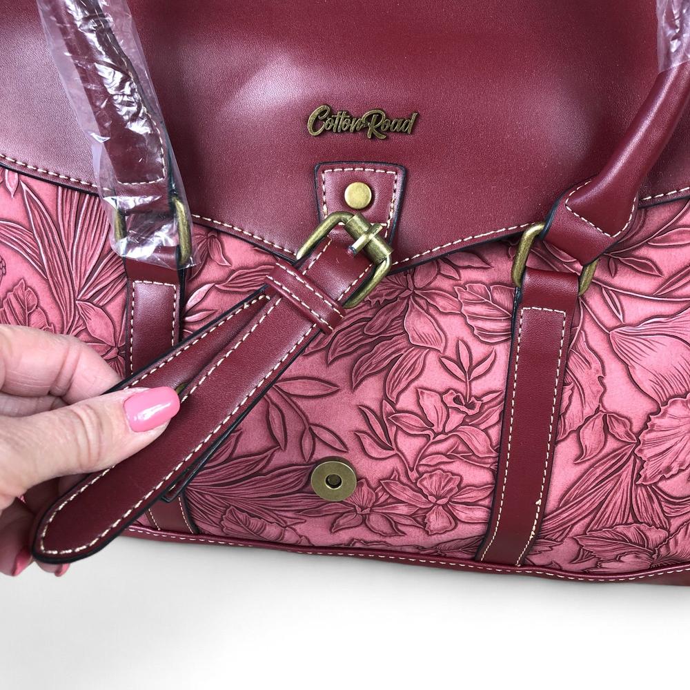 MAROON Cotton Road PU Leather Handbag with EMBOSSED FLORAL Panel