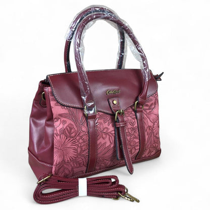MAROON Cotton Road PU Leather Handbag with EMBOSSED FLORAL Panel