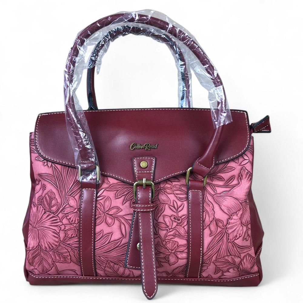 MAROON Cotton Road PU Leather Handbag with EMBOSSED FLORAL Panel