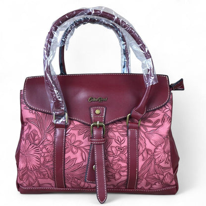 MAROON Cotton Road PU Leather Handbag with EMBOSSED FLORAL Panel