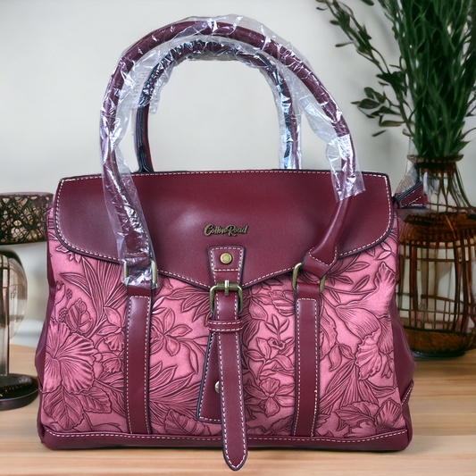 MAROON Cotton Road PU Leather Handbag with EMBOSSED FLORAL Panel