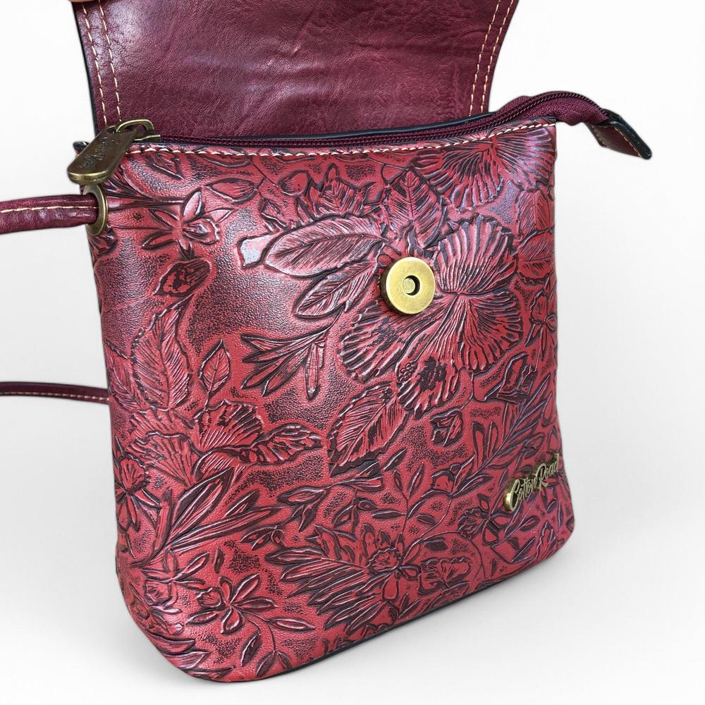 MAROON PU Leather Cotton Road Sling Bag with EMBOSSED FLOWERS