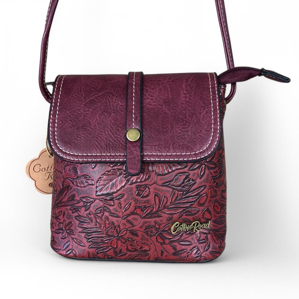 MAROON PU Leather Cotton Road Sling Bag with EMBOSSED FLOWERS