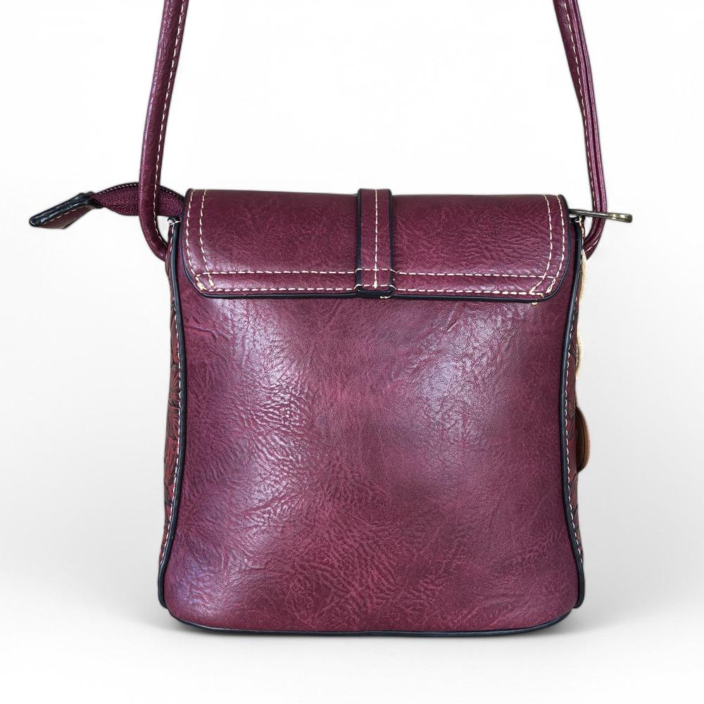 MAROON PU Leather Cotton Road Sling Bag with EMBOSSED FLOWERS