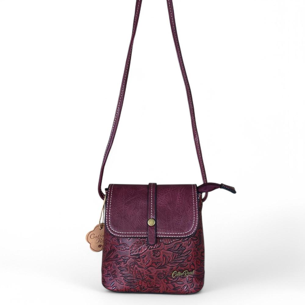 MAROON PU Leather Cotton Road Sling Bag with EMBOSSED FLOWERS