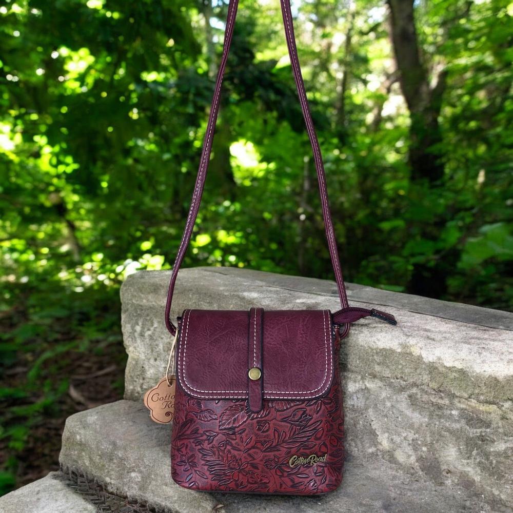 MAROON PU Leather Cotton Road Sling Bag with EMBOSSED FLOWERS