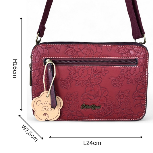 MAROON RED PU Leather Cotton Road Sling Bag with EMBOSSED FLOWERS