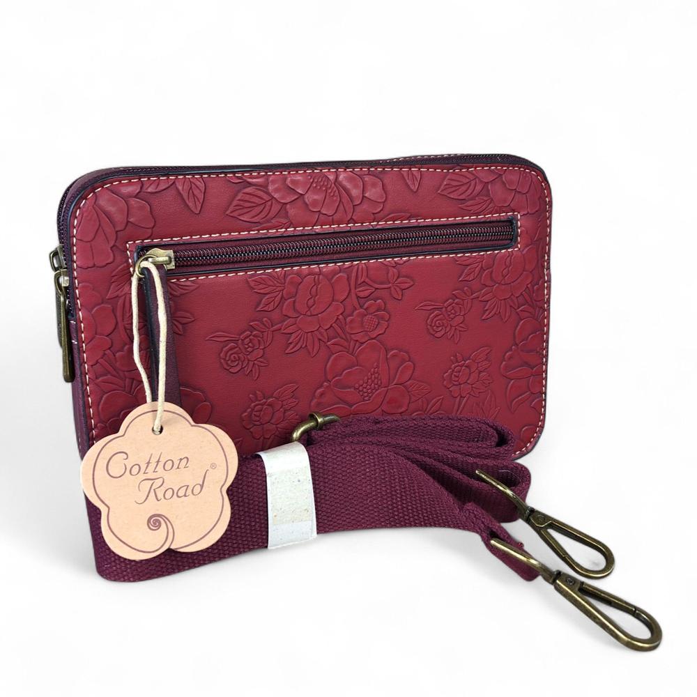 MAROON RED PU Leather Cotton Road Sling Bag with EMBOSSED FLOWERS