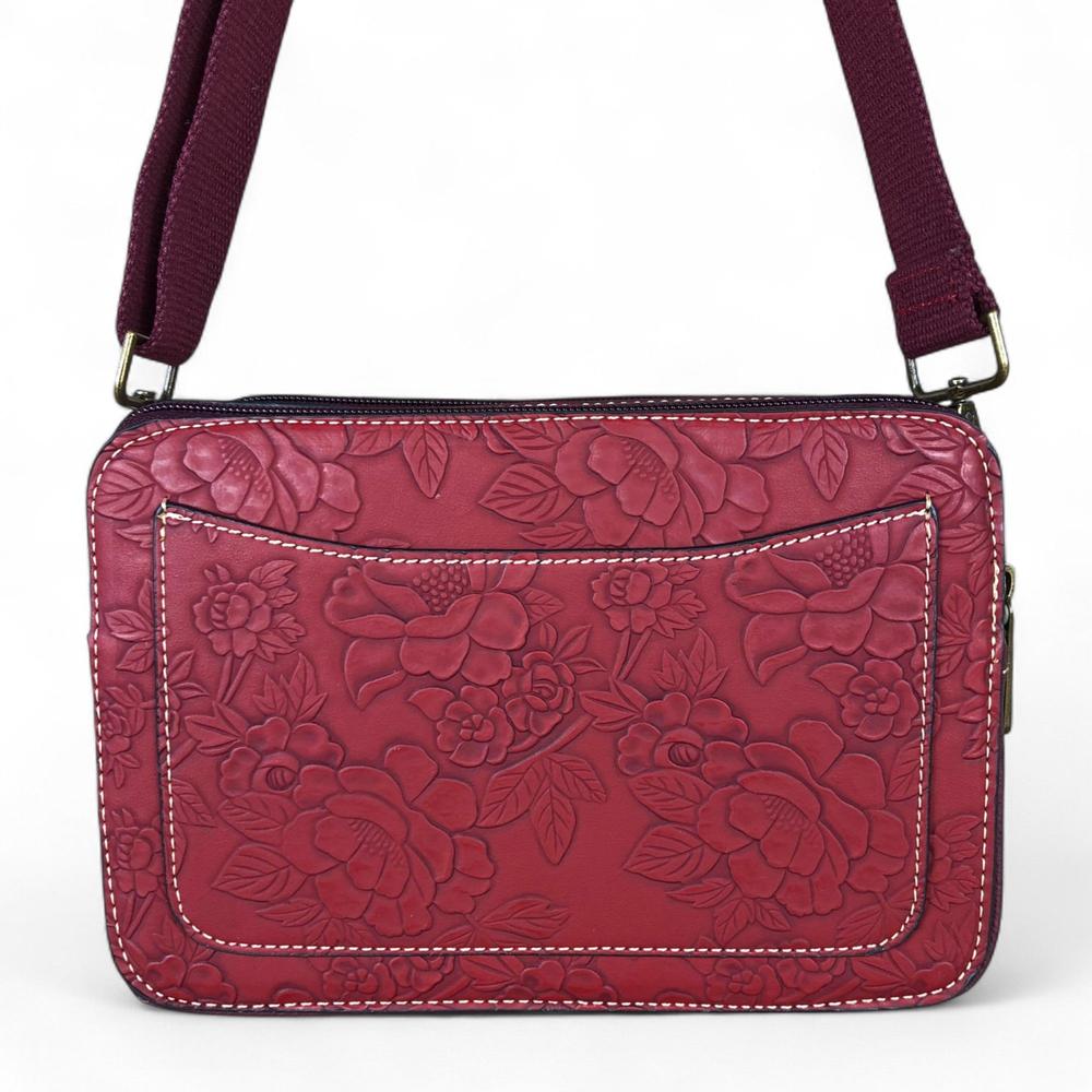 MAROON RED PU Leather Cotton Road Sling Bag with EMBOSSED FLOWERS