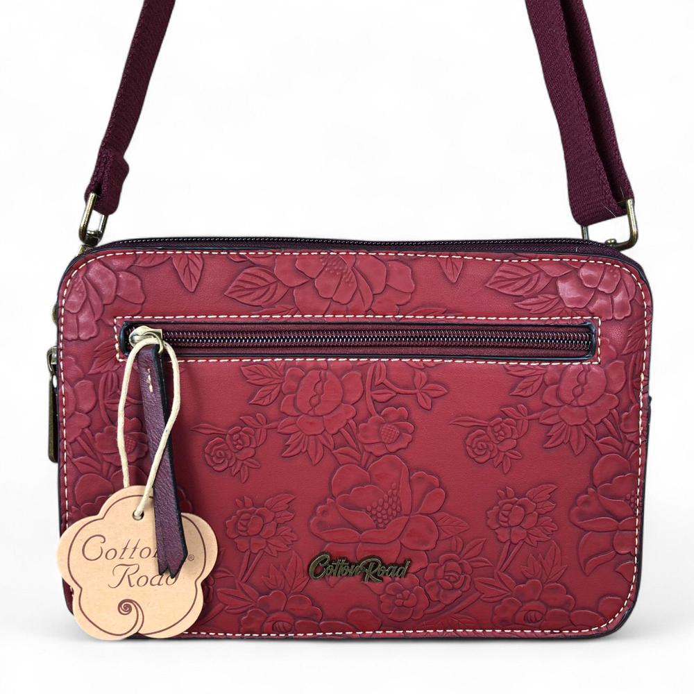 MAROON RED PU Leather Cotton Road Sling Bag with EMBOSSED FLOWERS