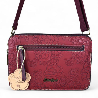 MAROON RED PU Leather Cotton Road Sling Bag with EMBOSSED FLOWERS