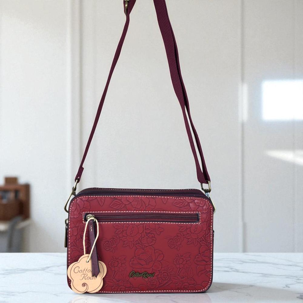 MAROON RED PU Leather Cotton Road Sling Bag with EMBOSSED FLOWERS