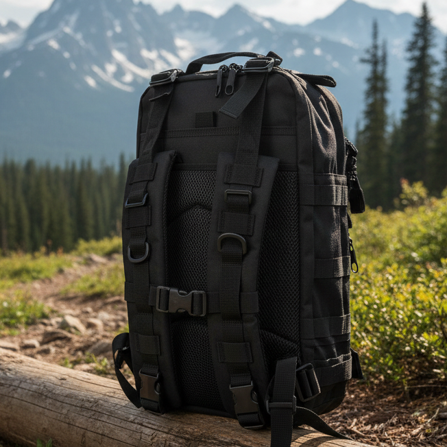 Black Military Tactical Backpack rear view with carry straps in outdoor setting. We Sell Bags South Africa