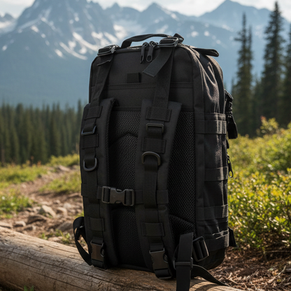 Black Military Tactical Backpack rear view with carry straps in outdoor setting. We Sell Bags South Africa