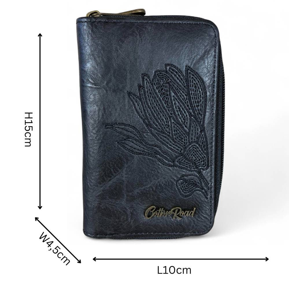 Medium BLACK Cotton Road PU Leather Wallet with EMBROIDERED PROTEA