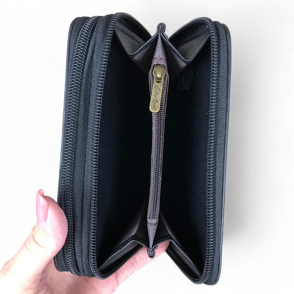 Medium BLACK Cotton Road PU Leather Wallet with EMBROIDERED PROTEA