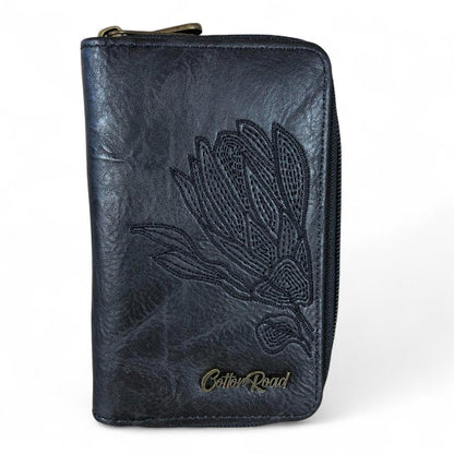 Medium BLACK Cotton Road PU Leather Wallet with EMBROIDERED PROTEA