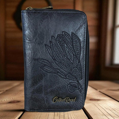 Medium BLACK Cotton Road PU Leather Wallet with EMBROIDERED PROTEA