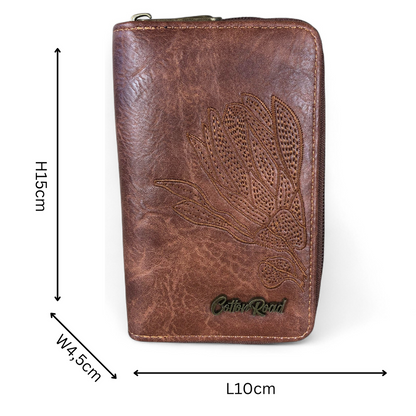 Medium BROWN Cotton Road PU Leather Wallet with EMBROIDERED PROTEA