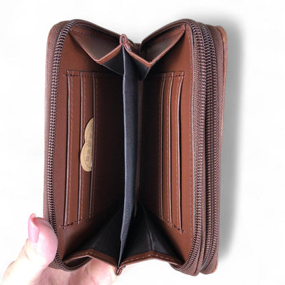 Medium BROWN Cotton Road PU Leather Wallet with EMBROIDERED PROTEA