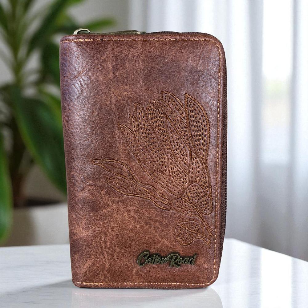 Medium BROWN Cotton Road PU Leather Wallet with EMBROIDERED PROTEA