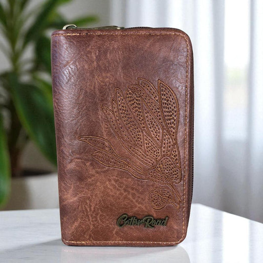 Medium BROWN Cotton Road PU Leather Wallet with EMBROIDERED PROTEA