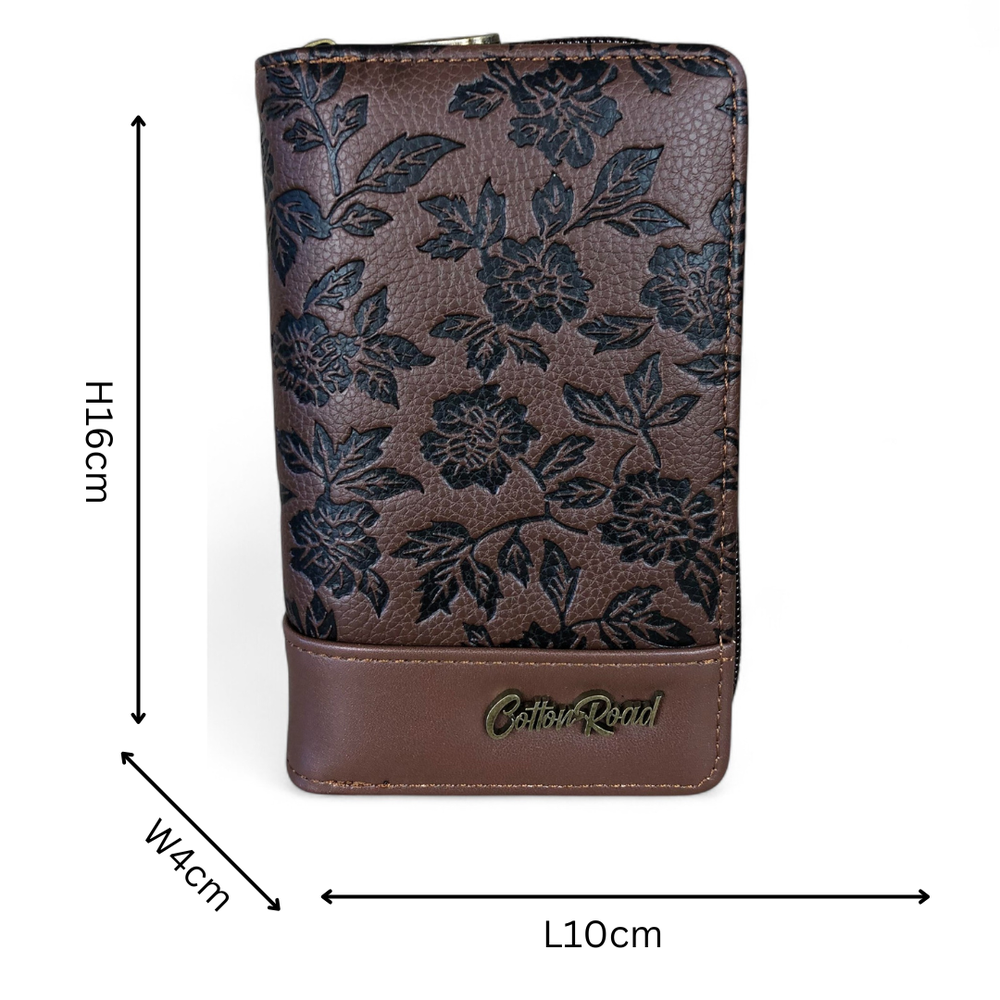 Medium BROWN PU Leather Cotton Road Wallet with FLORAL Panel