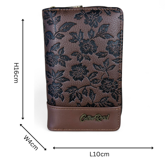 Medium BROWN PU Leather Cotton Road Wallet with FLORAL Panel
