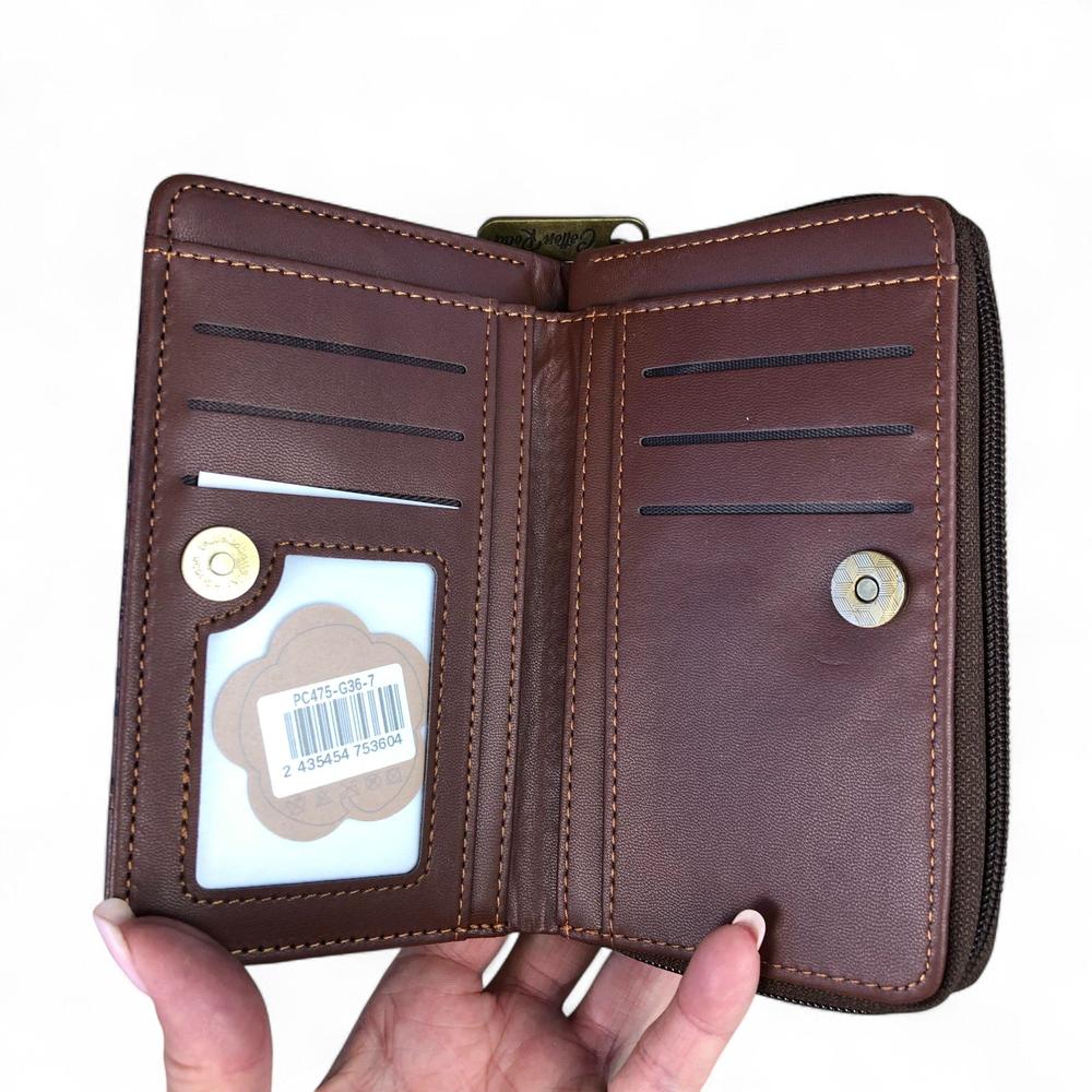 Medium BROWN PU Leather Cotton Road Wallet with FLORAL Panel