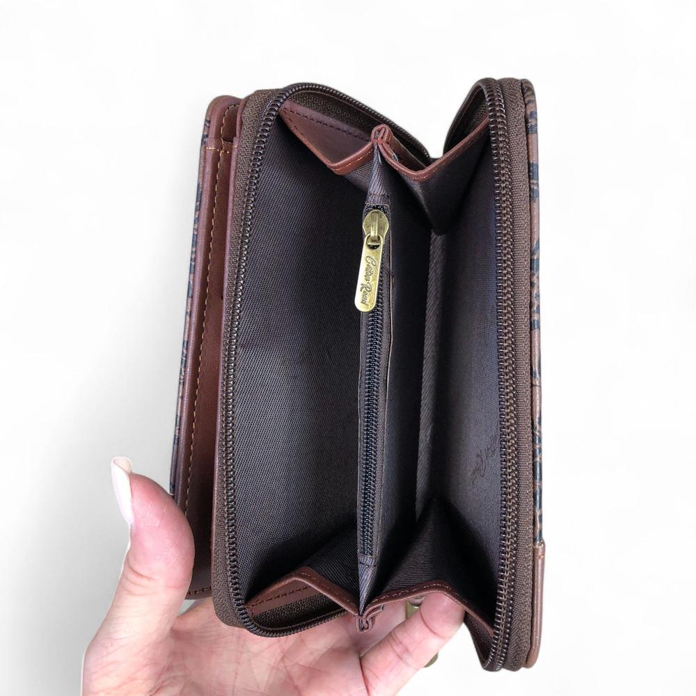 Medium BROWN PU Leather Cotton Road Wallet with FLORAL Panel