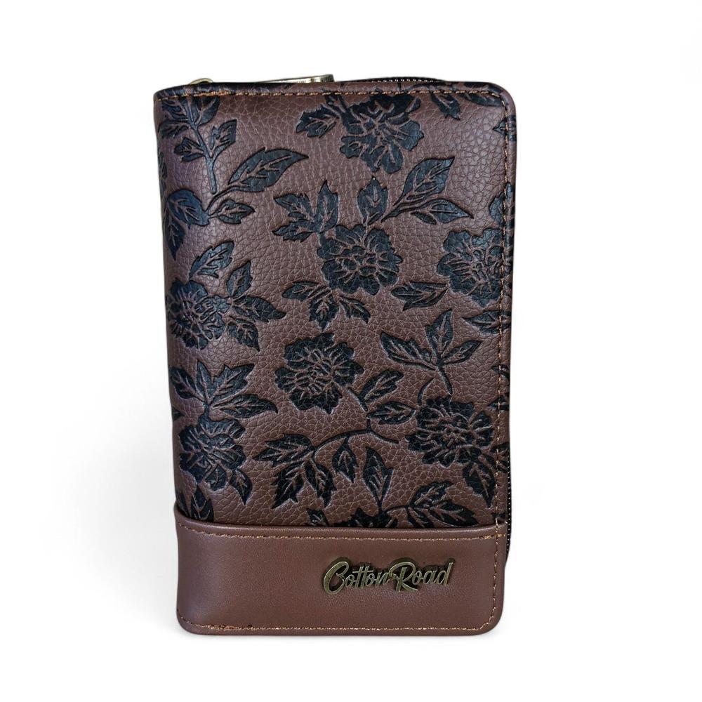 Medium BROWN PU Leather Cotton Road Wallet with FLORAL Panel