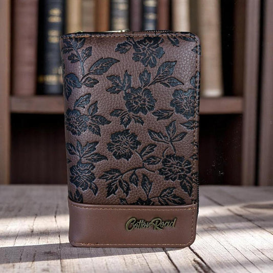 Medium BROWN PU Leather Cotton Road Wallet with FLORAL Panel