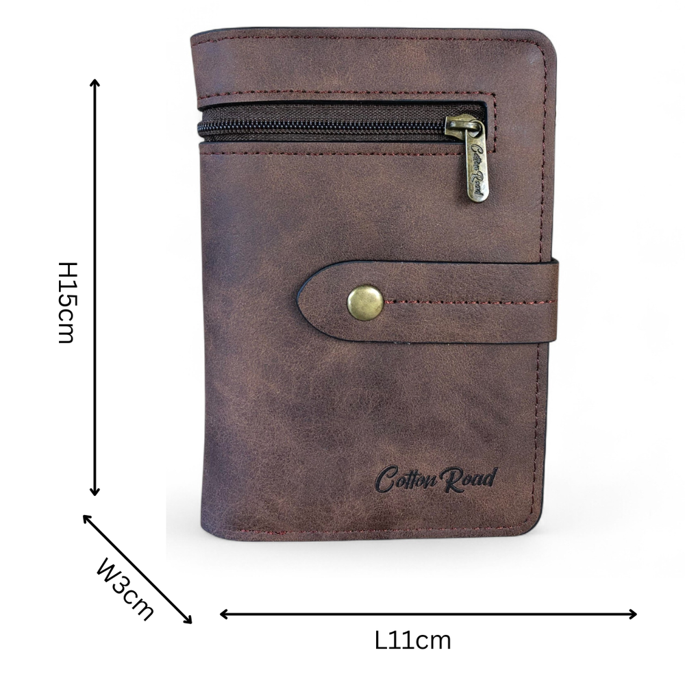 Medium BROWN PU Leather Cotton Road Wallet with OUTSIDE ZIP Pocket