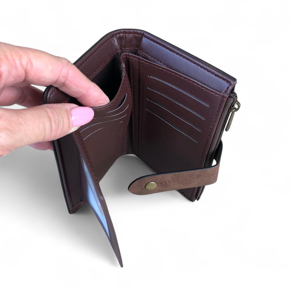 Medium BROWN PU Leather Cotton Road Wallet with OUTSIDE ZIP Pocket