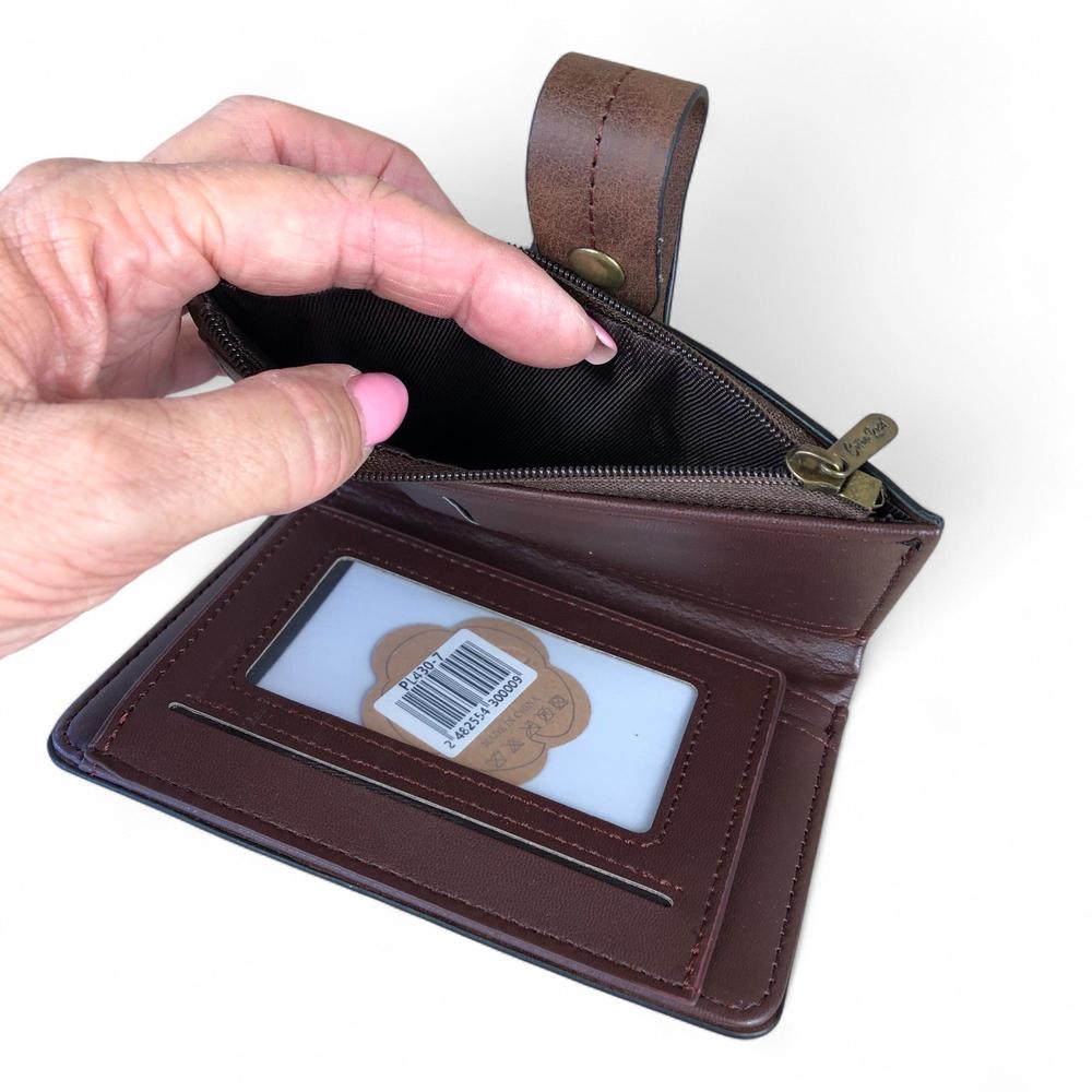 Medium BROWN PU Leather Cotton Road Wallet with OUTSIDE ZIP Pocket