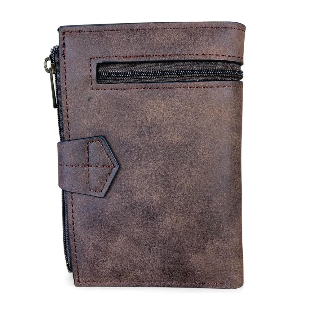 Medium BROWN PU Leather Cotton Road Wallet with OUTSIDE ZIP Pocket