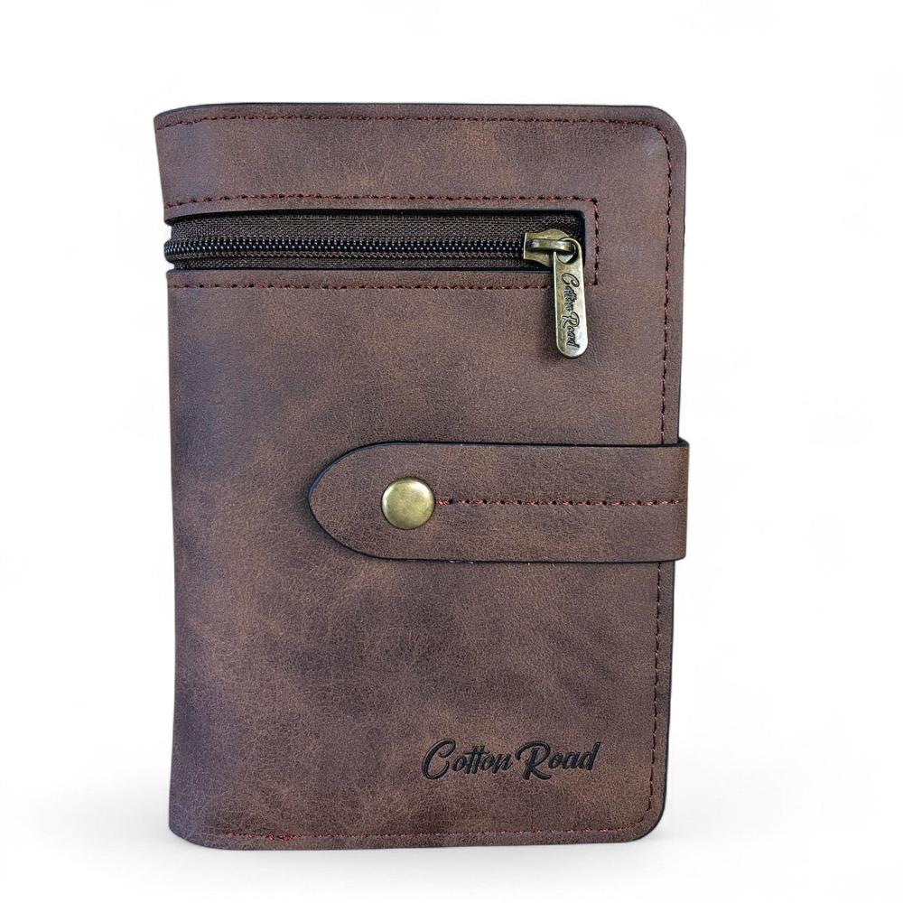 Medium BROWN PU Leather Cotton Road Wallet with OUTSIDE ZIP Pocket