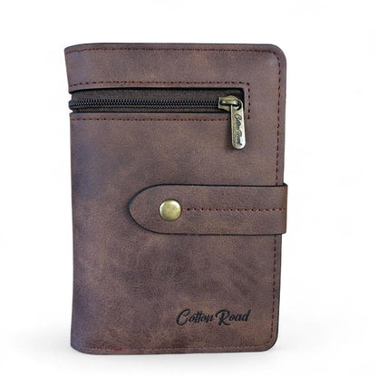 Medium BROWN PU Leather Cotton Road Wallet with OUTSIDE ZIP Pocket