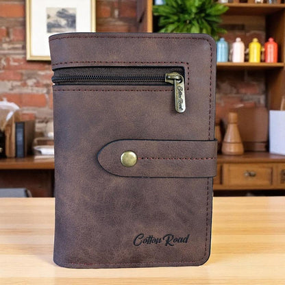 Medium BROWN PU Leather Cotton Road Wallet with OUTSIDE ZIP Pocket