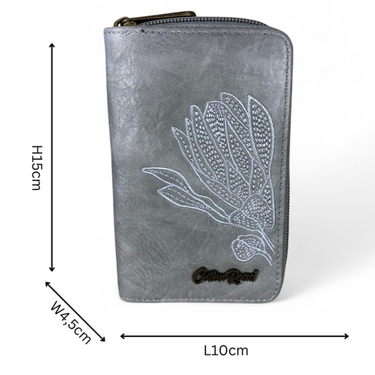Medium GREY Cotton Road PU Leather Wallet with EMBROIDERED PROTEA