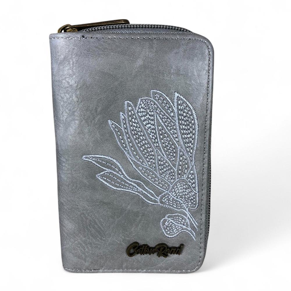 Medium GREY Cotton Road PU Leather Wallet with EMBROIDERED PROTEA