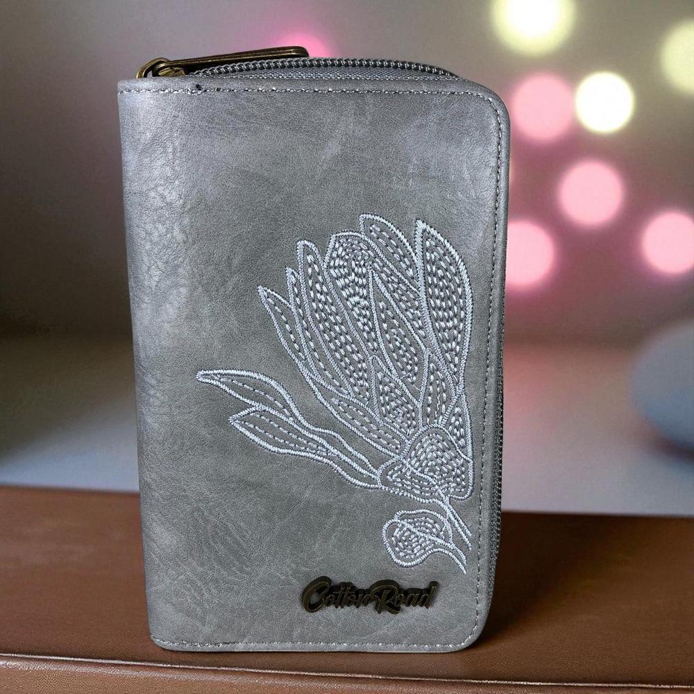 Medium GREY Cotton Road PU Leather Wallet with EMBROIDERED PROTEA