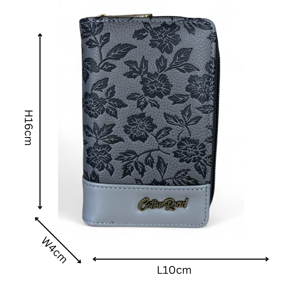 Medium GREY PU Leather Cotton Road Wallet with FLORAL Panel