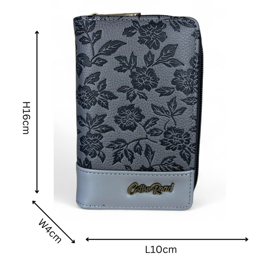 Medium GREY PU Leather Cotton Road Wallet with FLORAL Panel
