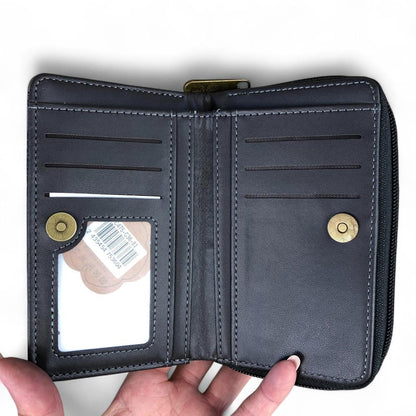 Medium GREY PU Leather Cotton Road Wallet with FLORAL Panel